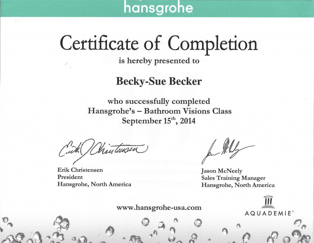 HANSGROHE certificate of completion